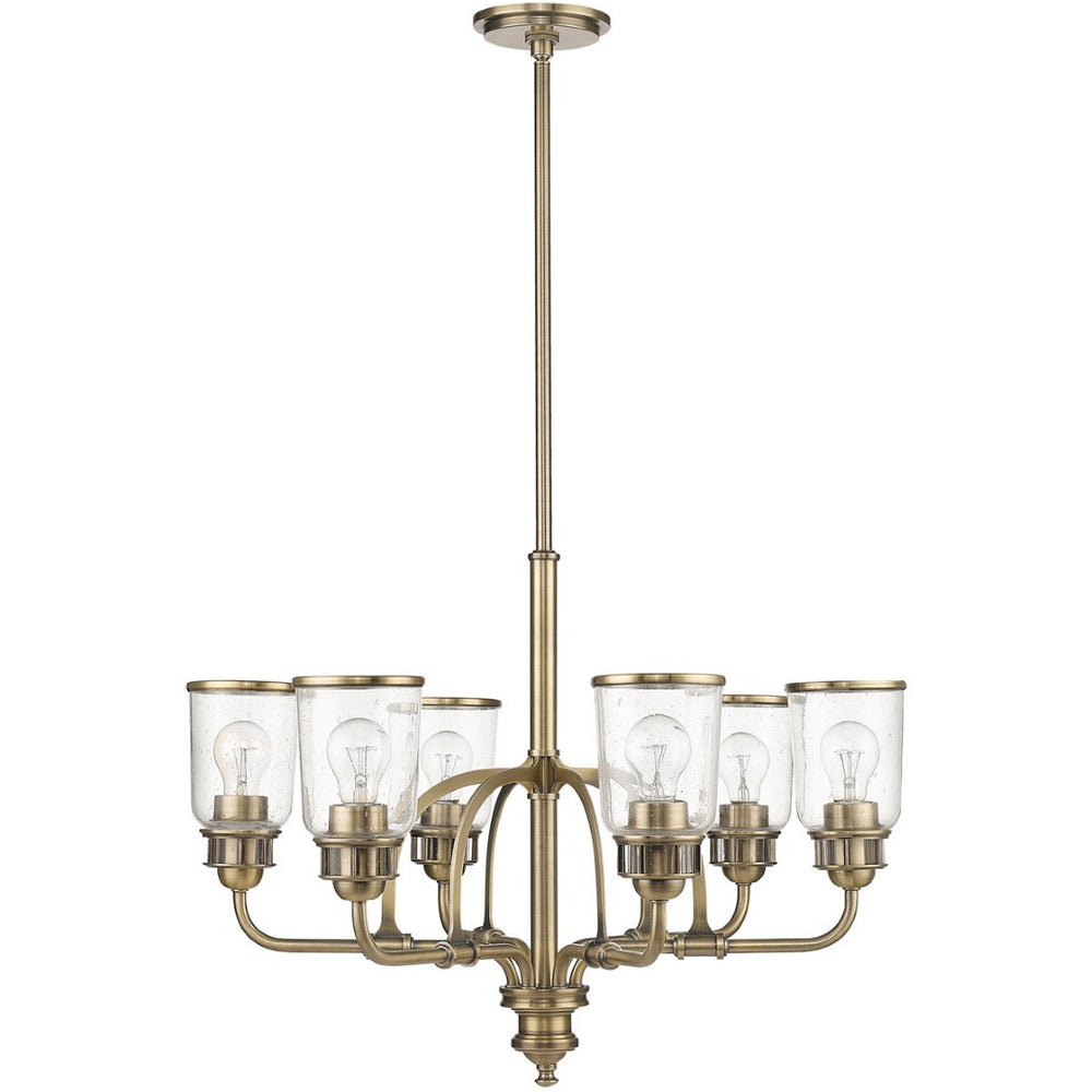 HomeRoots Antiqued Brass Six-Light Dimmable Chandelier with Clear Shades - Modern Vintage Elegance for Your Home 687128