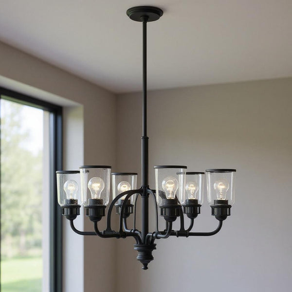 HomeRoots Black Six-Light Dimmable Chandelier - Modern Cylindrical Shades for Stylish Ambient Illumination 687129