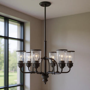 HomeRoots Bronze Elegant Six-Light Dimmable Chandelier with Cylinder Shades for Warm Ambient Lighting 687130