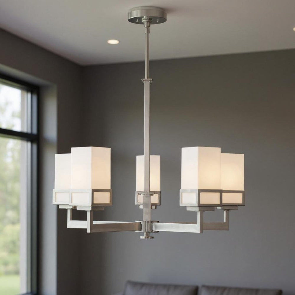 HomeRoots Five Light Dimmable Chandelier with Stylish Cylinder Shades for Modern Ambiance in Any Room 687147