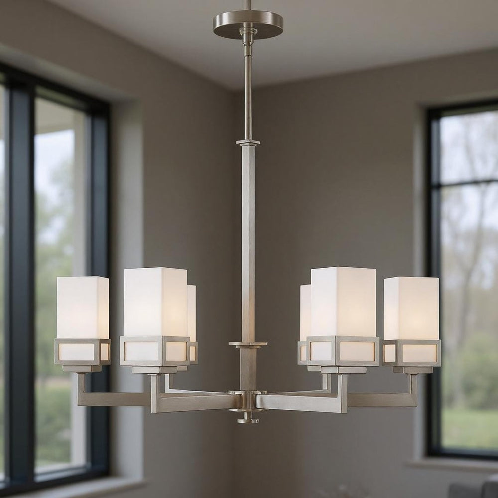 HomeRoots Six Light Dimmable Chandelier – Modern Industrial Design with Cylinder Shades for Elegant Ambiance 687148