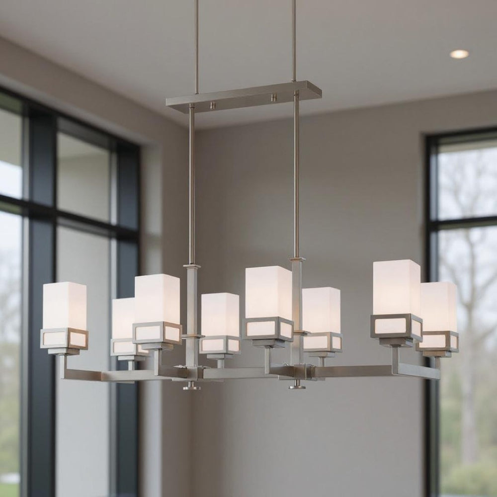 HomeRoots Eight Light Dimmable Chandelier with Sleek Cylinder Shades for Modern Ambiance in Any Space 687149