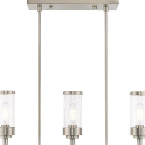 HomeRoots Three Light Dimmable Chandelier with Sleek Cylindrical Shades for Modern Home Décor and Versatility 687166