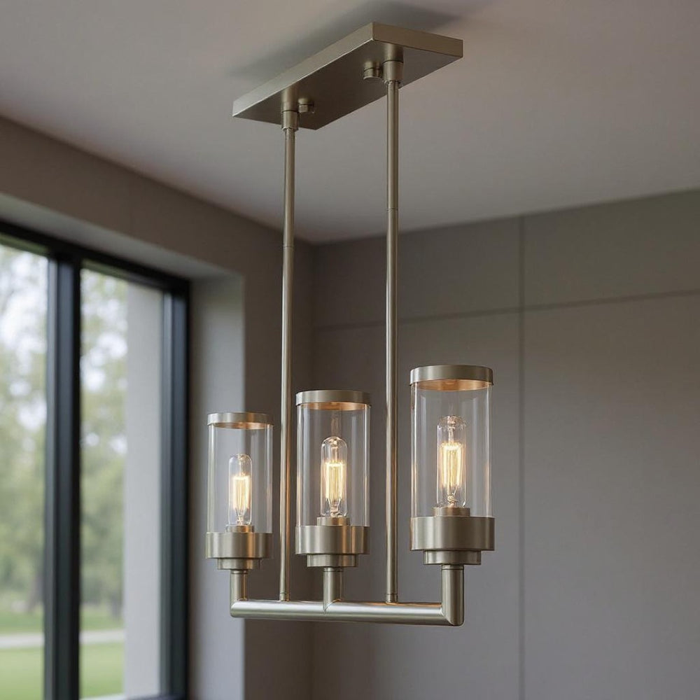 HomeRoots Three Light Dimmable Chandelier with Sleek Cylindrical Shades for Modern Home Décor and Versatility 687166