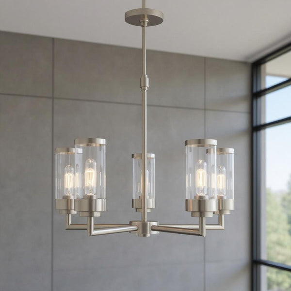 HomeRoots Five Light Dimmable Chandelier with Stylish Steel Shades - Modern Elegance for Any Room 687167