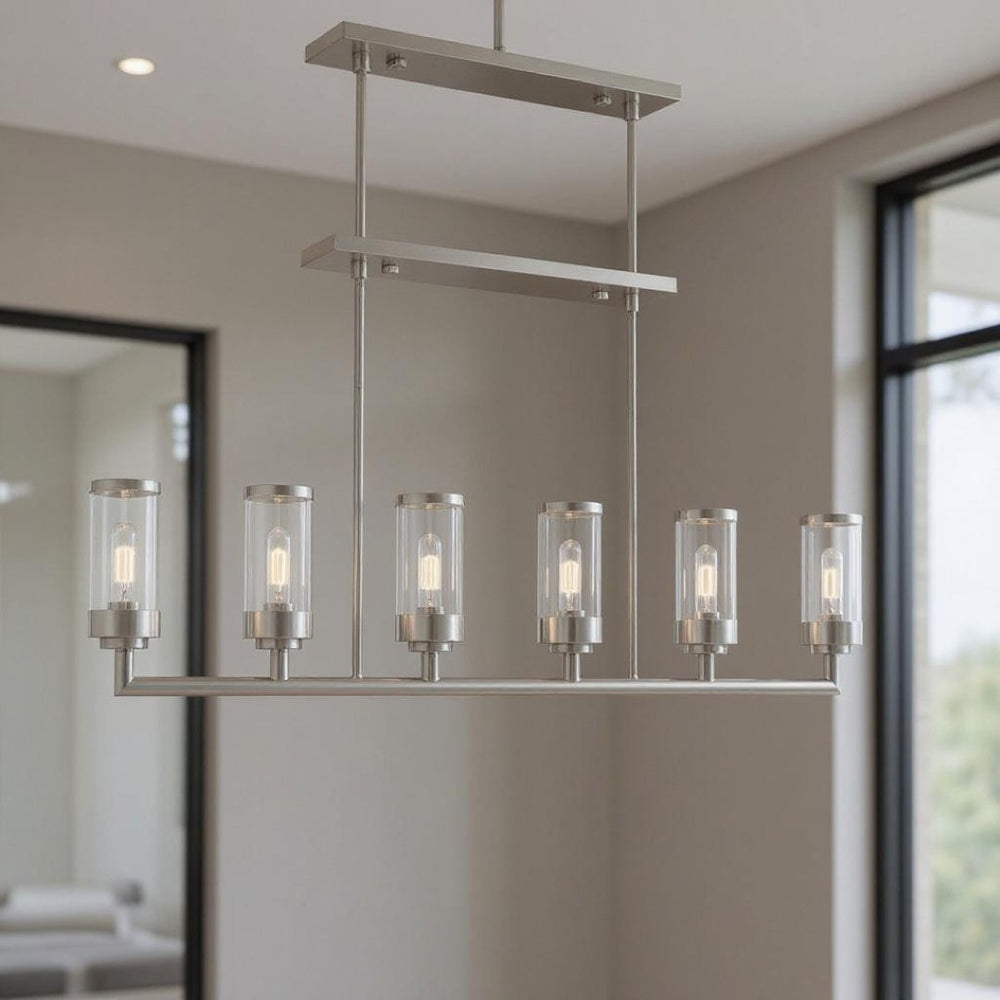 HomeRoots Six Light Dimmable Chandelier with Sleek Cylindrical Shades for Modern Elegance and Versatile Style 687168
