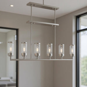 HomeRoots Six Light Dimmable Chandelier with Sleek Cylindrical Shades for Modern Elegance and Versatile Style 687168