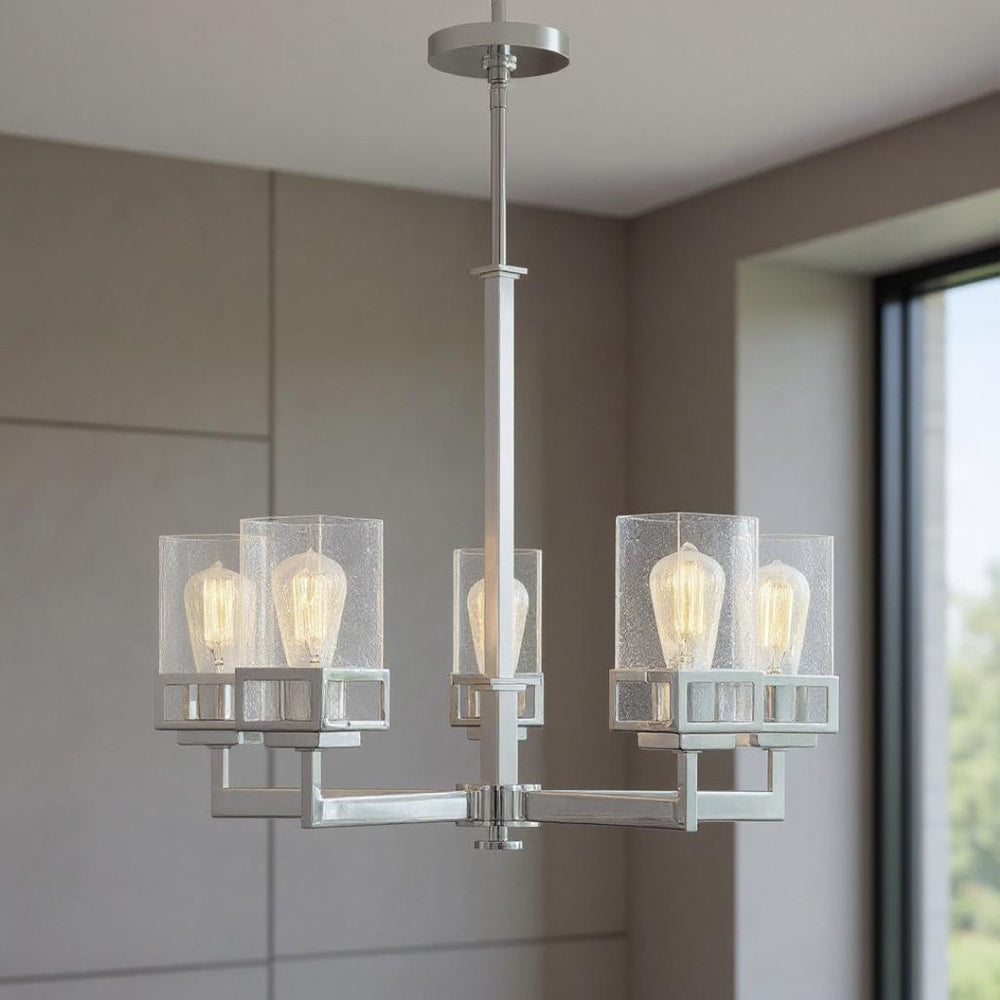 HomeRoots Five Light Dimmable Chandelier – Modern Steel Shades for Stylish Ambiance in Any Space 687175