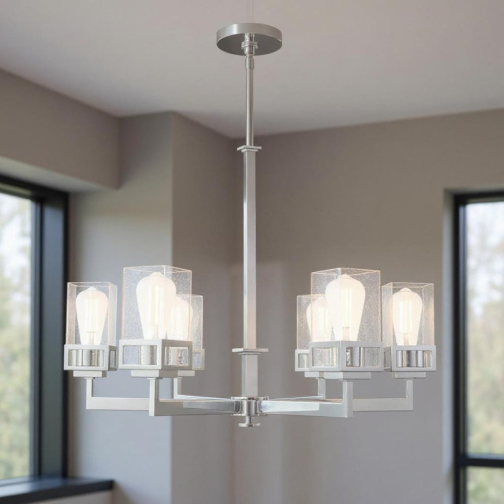 HomeRoots Six Light Dimmable Chandelier - Modern Cylinder Shades, Durable Steel, Perfect for Any Room Ambiance! 687177