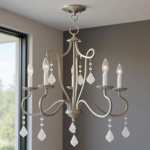 HomeRoots Five Light Dimmable Chandelier with Unique Cylindrical Shades for Modern Home Décor and Ambiance 687188