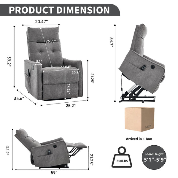English Elm Beige Chenille Power Lift Recliner with Massage Heat and Usb for Senior Comfort Light Gray W1803P369078