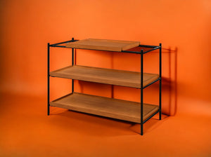 English Elm Oaken Honey Finish Coffee Table with Open Storage and Black Metal Frame — Modern Rustic Centerpiece Oak 44.5 L x 18 W x 8.25 H B2726P244372