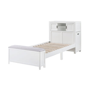 English Elm Gray Twin Platform Bed with Bookcase Headboard Hidden Desk Stool and Footboard Bench White B011S02324