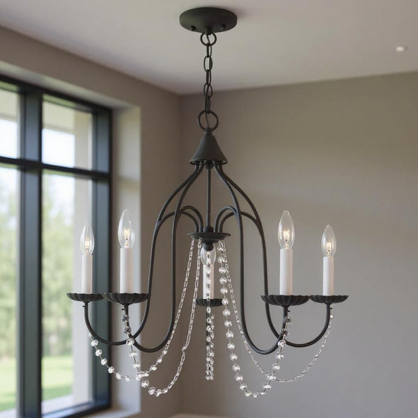 HomeRoots Black Modern Five-Light Dimmable Chandelier with Stylish Cylinder Shades for Any Room Decor 687201