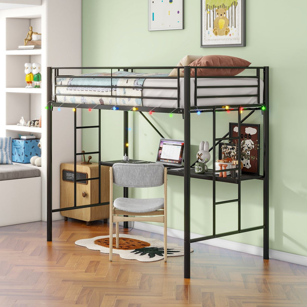 English Elm Twin Metal Loft Bed with Desk, LED Mood Lights, Full Safety Guardrails, Built-in Power Outlet & USB W840P192240
