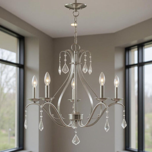 HomeRoots Five Light Dimmable Chandelier - Modern Cylindrical Shades for Versatile Ambient Lighting in Style 687212