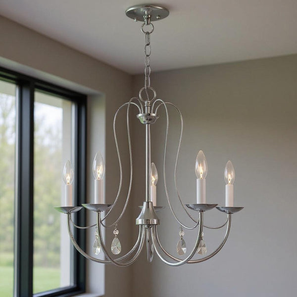 HomeRoots Five Light Dimmable Chandelier with Cylinder Shades - Modern Steel Design for Versatile Lighting 687217