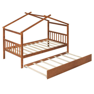 English Elm Twin House Bed with Pull Out Trundle Solid Pine Wood Frame Walnut Kids Room N708P309238L