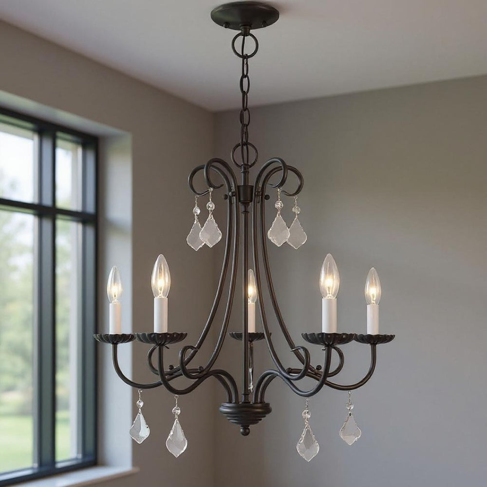 HomeRoots Five Light Dimmable Chandelier - Modern Cylinder Shades, Sleek Design for Dining & Entryway Spaces 687230