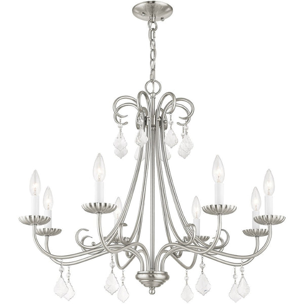 HomeRoots Eight Light Dimmable Chandelier with Sleek Cylindrical Shades for Modern Living Spaces and Ambiance 687231