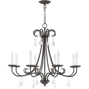 HomeRoots Eight Light Dimmable Chandelier with Sleek Steel Shades for Modern Dining & Living Room Elegance 687232