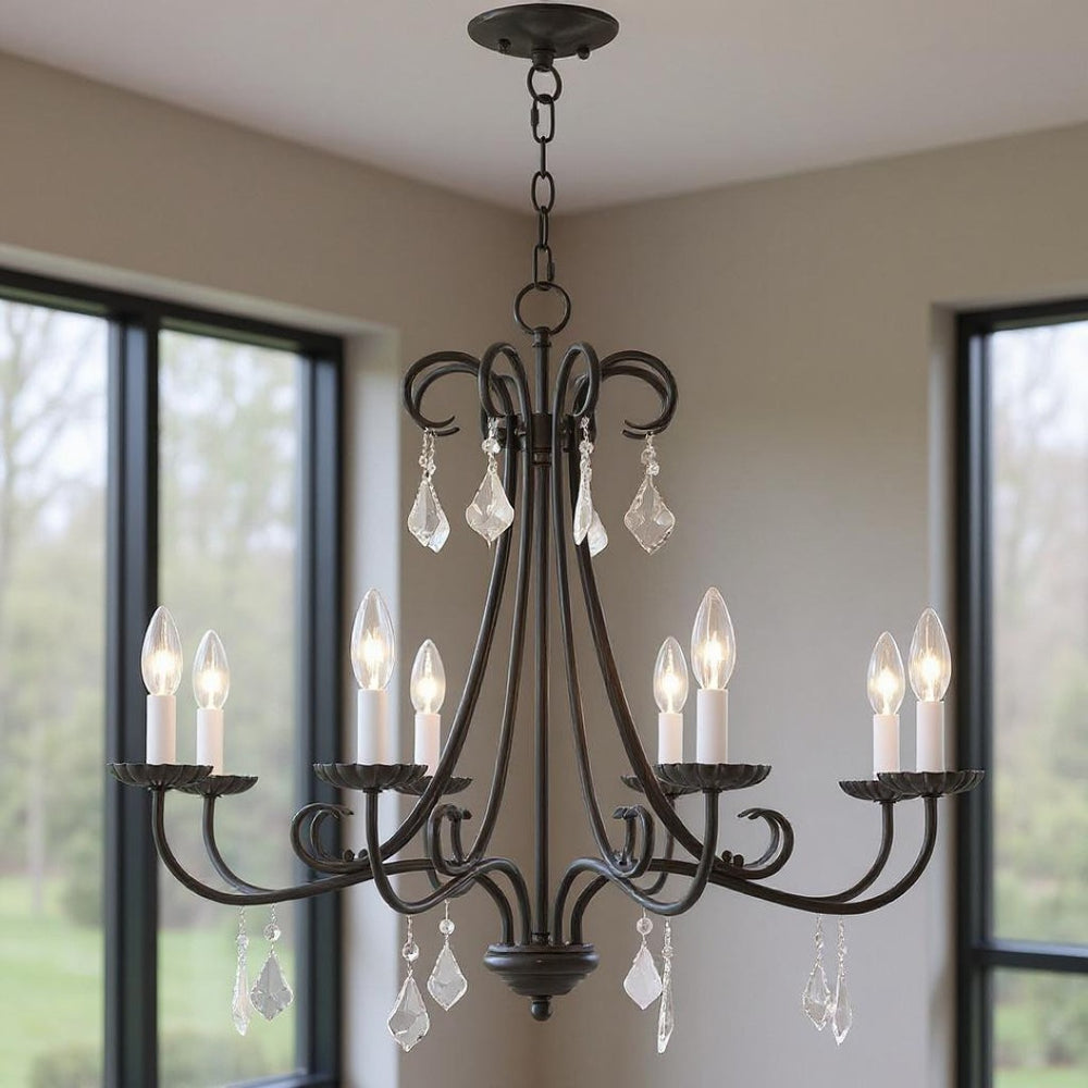 HomeRoots Eight Light Dimmable Chandelier with Sleek Steel Shades for Modern Dining & Living Room Elegance 687232