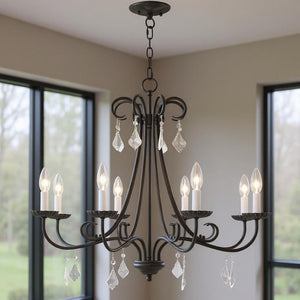 HomeRoots Eight Light Dimmable Chandelier with Sleek Steel Shades for Modern Dining & Living Room Elegance 687232