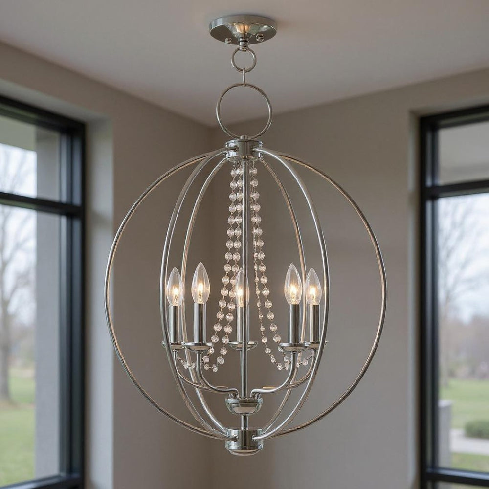 HomeRoots Five Light Dimmable Chandelier - Modern Steel Shades, Sloped Ceiling Compatible, Perfect for Any Space 687257
