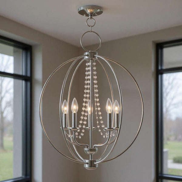 HomeRoots Five Light Dimmable Chandelier - Modern Steel Shades, Sloped Ceiling Compatible, Perfect for Any Space 687257