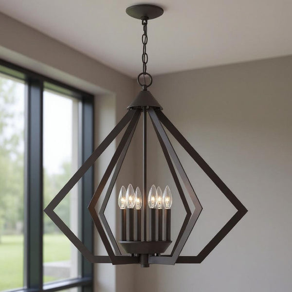 HomeRoots Bronze Six-Light Dimmable Chandelier with Elegant Cylinder Shades for a Modern Home Touch 687275