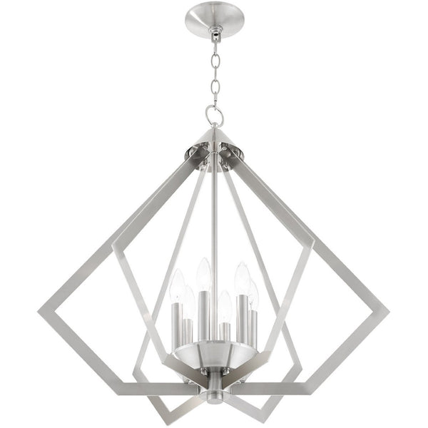 HomeRoots Six Light Dimmable Chandelier with Unique Cylindrical Shades for Stylish Contemporary Spaces 687276