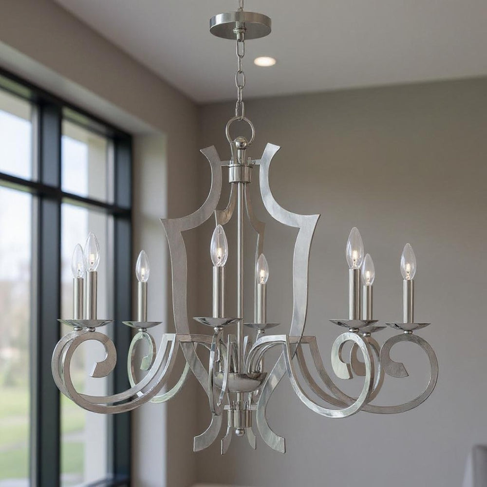 HomeRoots Eight Light Dimmable Chandelier with Elegant Fabric Shades for Modern Living Spaces & Durable Design 687280
