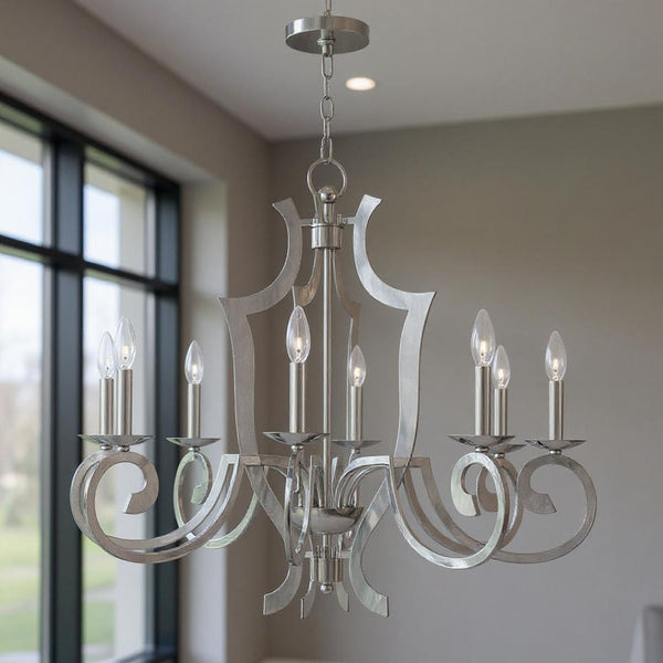 HomeRoots Eight Light Dimmable Chandelier with Elegant Fabric Shades for Modern Living Spaces & Durable Design 687280