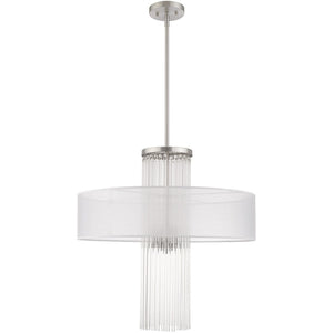 HomeRoots Four Light Dimmable Chandelier with Cylinder Shades for Elegant Ambiance in Modern Spaces 687290