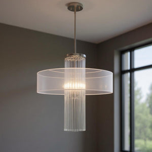 HomeRoots Four Light Dimmable Chandelier with Cylinder Shades for Elegant Ambiance in Modern Spaces 687290