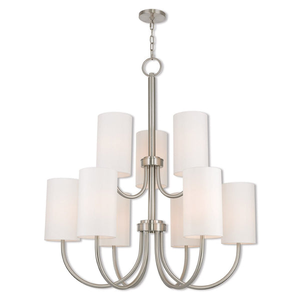 HomeRoots Nickel Nine-Light Metal Chandelier with Off-White Shades – Modern Dimmable Lighting for Any Room 687296