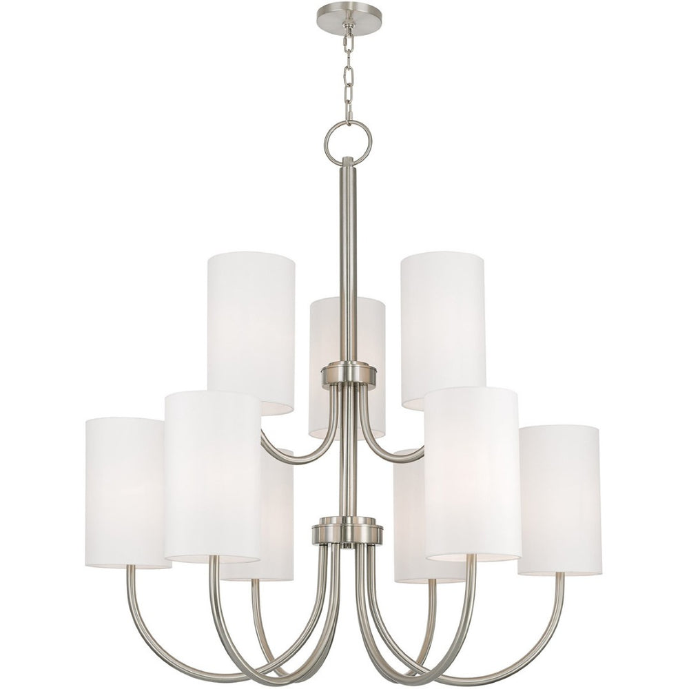 HomeRoots Nickel Nine-Light Metal Chandelier with Off-White Shades – Modern Dimmable Lighting for Any Room 687296