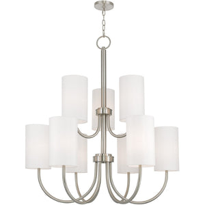 HomeRoots Nickel Nine-Light Metal Chandelier with Off-White Shades – Modern Dimmable Lighting for Any Room 687296