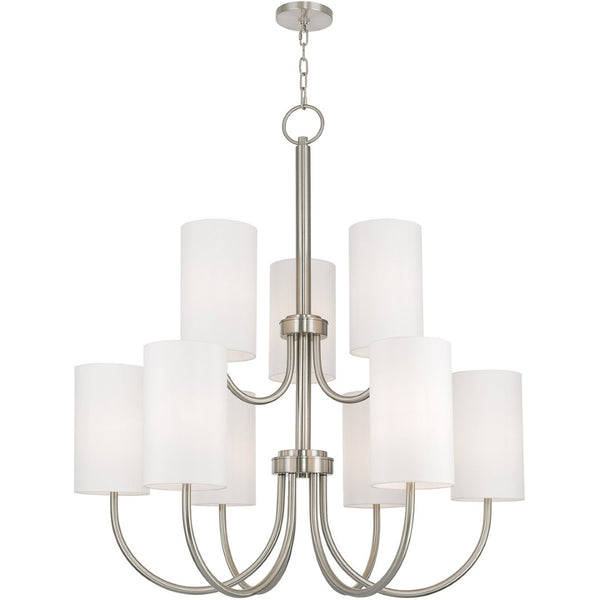 HomeRoots Nickel Nine-Light Metal Chandelier with Off-White Shades – Modern Dimmable Lighting for Any Room 687296