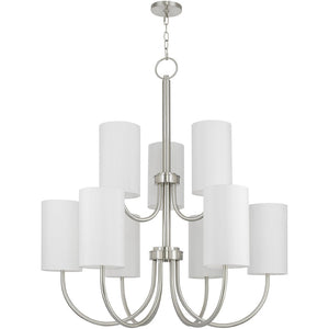 HomeRoots Nickel Nine-Light Metal Chandelier with Off-White Shades – Modern Dimmable Lighting for Any Room 687296