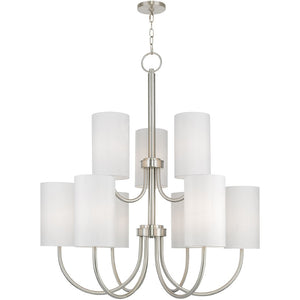 HomeRoots Nickel Nine-Light Metal Chandelier with Off-White Shades – Modern Dimmable Lighting for Any Room 687296