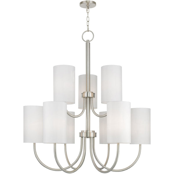 HomeRoots Nickel Nine-Light Metal Chandelier with Off-White Shades – Modern Dimmable Lighting for Any Room 687296