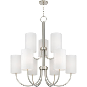 HomeRoots Nickel Nine-Light Metal Chandelier with Off-White Shades – Modern Dimmable Lighting for Any Room 687296