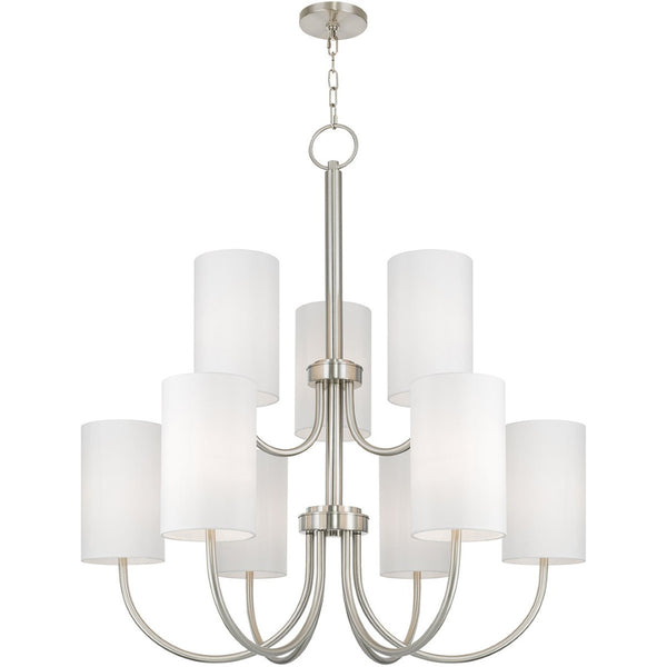 HomeRoots Nickel Nine-Light Metal Chandelier with Off-White Shades – Modern Dimmable Lighting for Any Room 687296