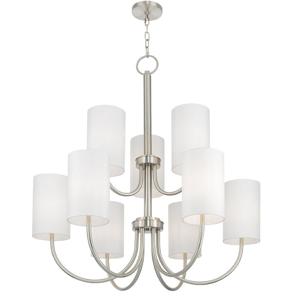 HomeRoots Nickel Nine-Light Metal Chandelier with Off-White Shades – Modern Dimmable Lighting for Any Room 687296