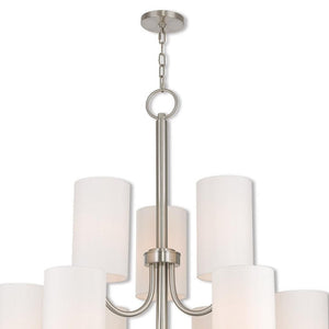 HomeRoots Nickel Nine-Light Metal Chandelier with Off-White Shades – Modern Dimmable Lighting for Any Room 687296