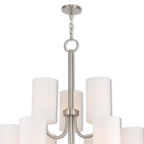 HomeRoots Nickel Nine-Light Metal Chandelier with Off-White Shades – Modern Dimmable Lighting for Any Room 687296