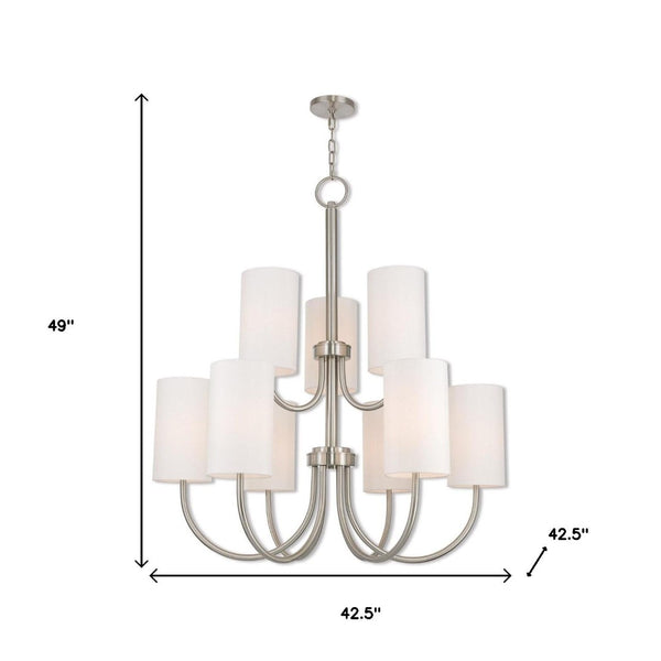 HomeRoots Nickel Nine-Light Metal Chandelier with Off-White Shades – Modern Dimmable Lighting for Any Room 687296