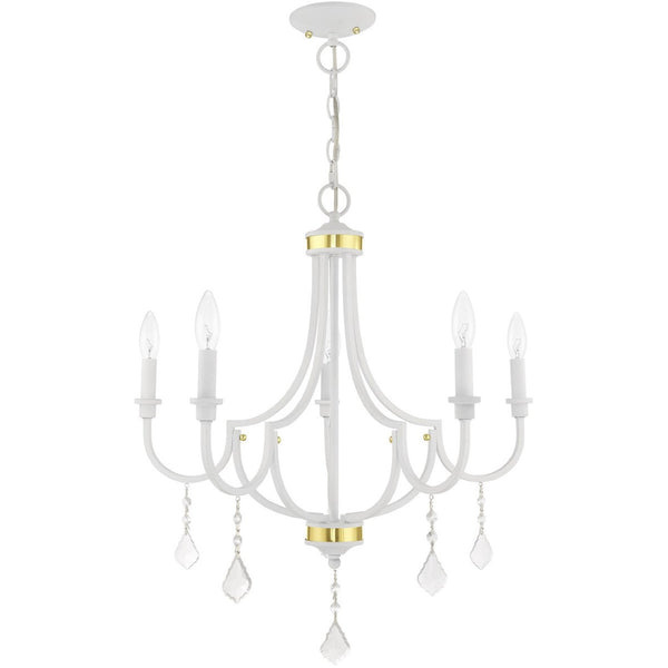 HomeRoots White Five-Light Dimmable Chandelier with Unique Cylinder Shades for Modern Home Ambiance & Style 687310
