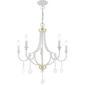 HomeRoots White Five-Light Dimmable Chandelier with Unique Cylinder Shades for Modern Home Ambiance & Style 687310